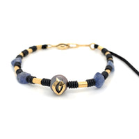 BLUE SAPPHIRES, YELLOW GOLD & TAHITI PEARL W. YELLOW GOLD LOGO BRACELET