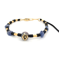 BLUE SAPPHIRES, YELLOW GOLD & TAHITI PEARL W. YELLOW GOLD LOGO BRACELET