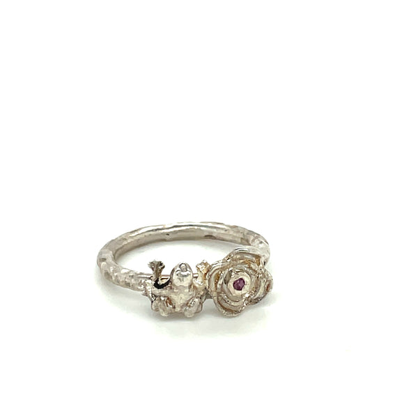 Silver Ring with Flower and Frog